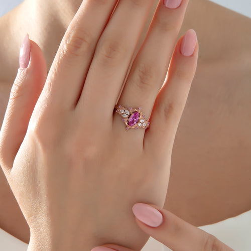 Pembe Safir ve Markiz Pırlanta Taşlı Vintage Yüzük